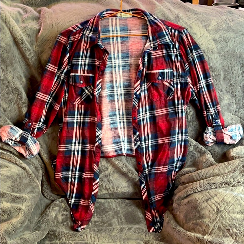 Flannel tie crop top. Red, white and blue.